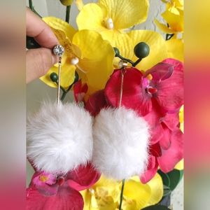 White Fluffy Dangle Earrings